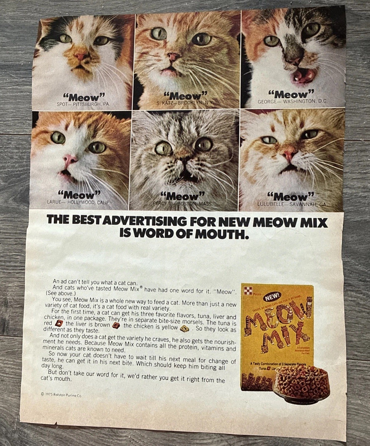 1975 Vintage original Color print ad Featuring Meow Mix 9”x12.25”
