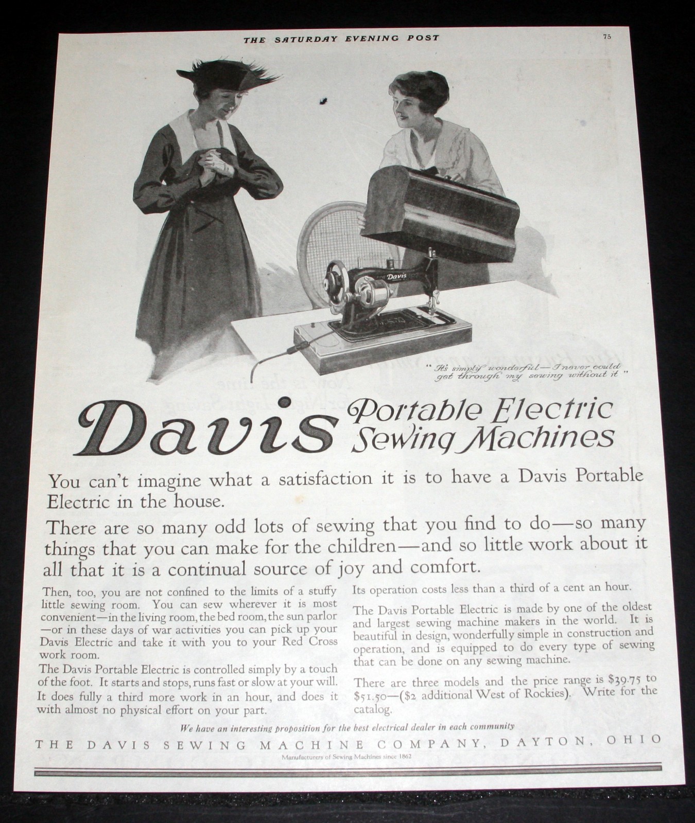 1918 OLD MAGAZINE PRINT AD, DAVIS PORTABLE ELECTRIC SEWING MACHINES, ODD LOTS!