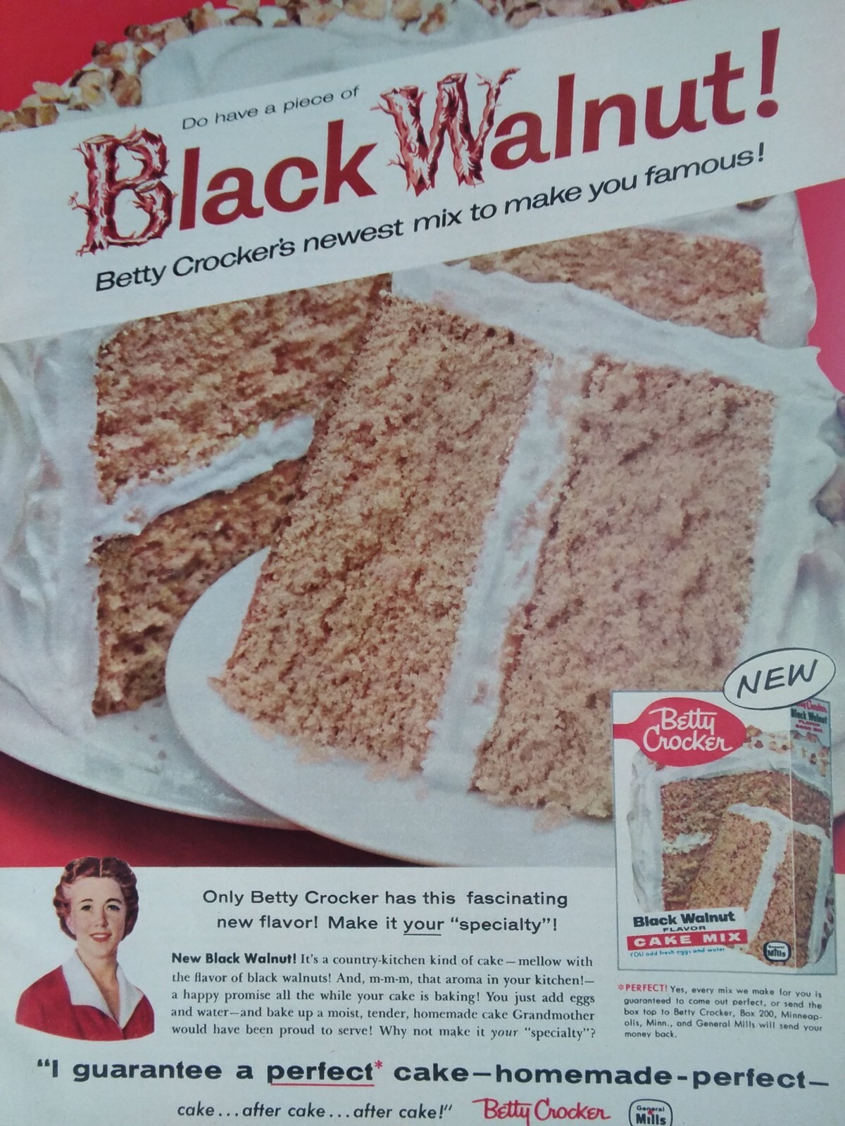 Betty Crocker Print Ad Original Vtg 1958 Black Walnut New Flavor General Mills