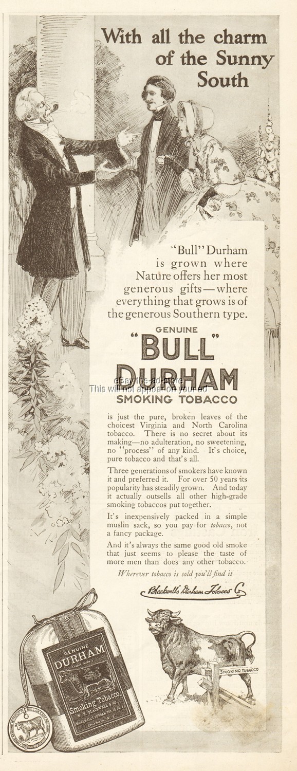 1912 Bull Durham Tobacco W T Blackwell NC Muslin Sack Charm of Sunny South Ad