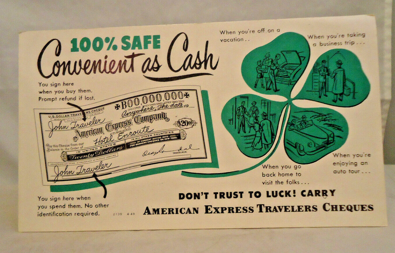 ANTIQUE 1949 AMERICAN EXPRESS TRAVELERS CHEQUES EPHEMERA CARD 6 1/2″ BY 3 3/4″