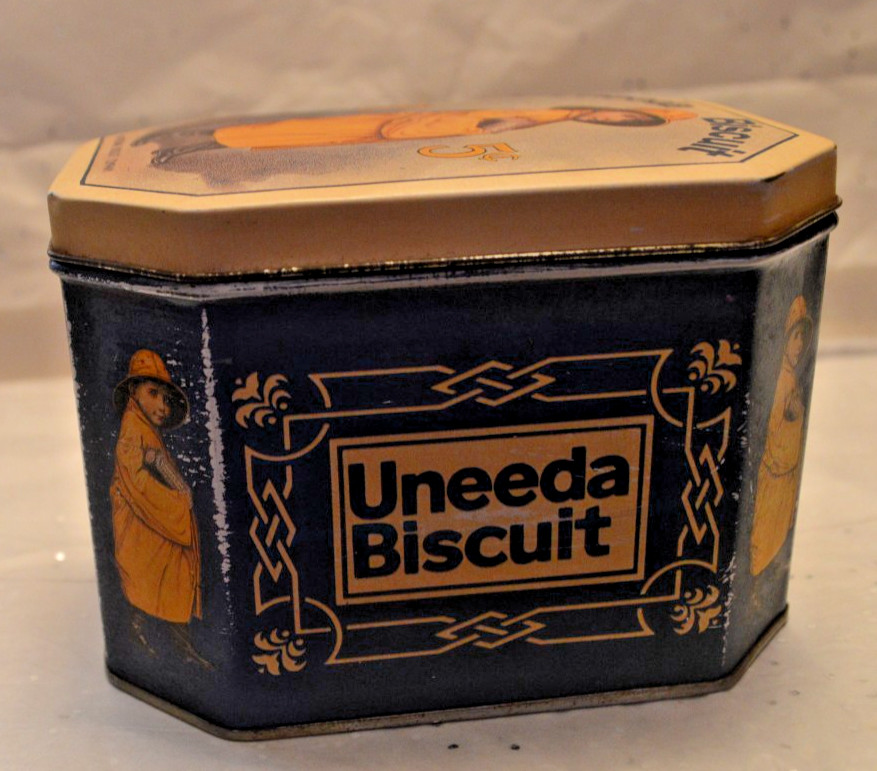 Tin Bristol Ware Uneeda National Biscuit Co Raincoat Boy Tin Canister