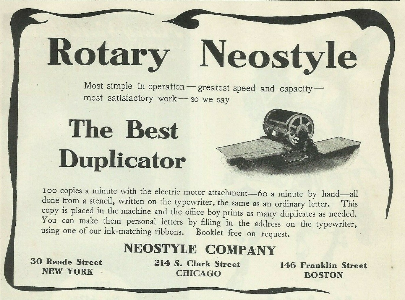 Vintage Print Ad Early Copy Machine Neostyle Duplicator 1905