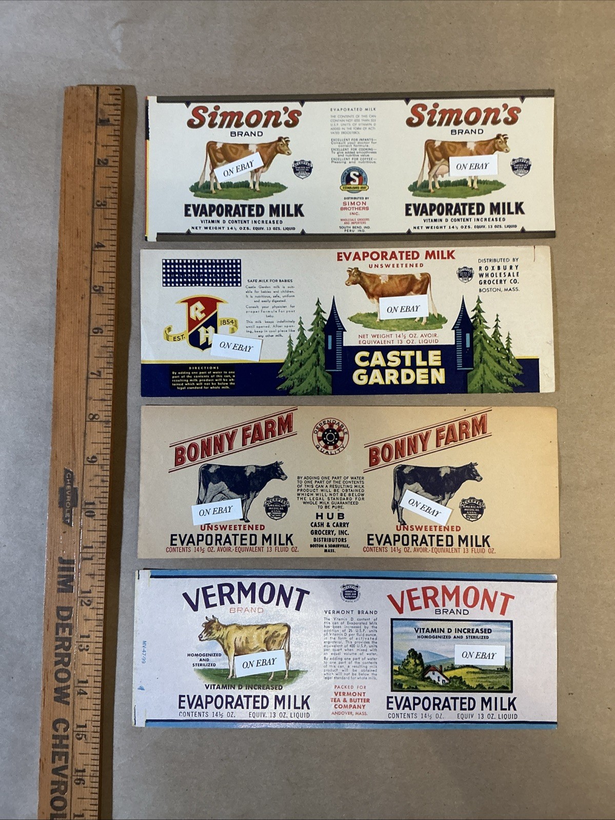 4 Pre-1950s Evaporated Milk Labels Vermont Tea & Butter Hub Roxbury INV-AQ1063