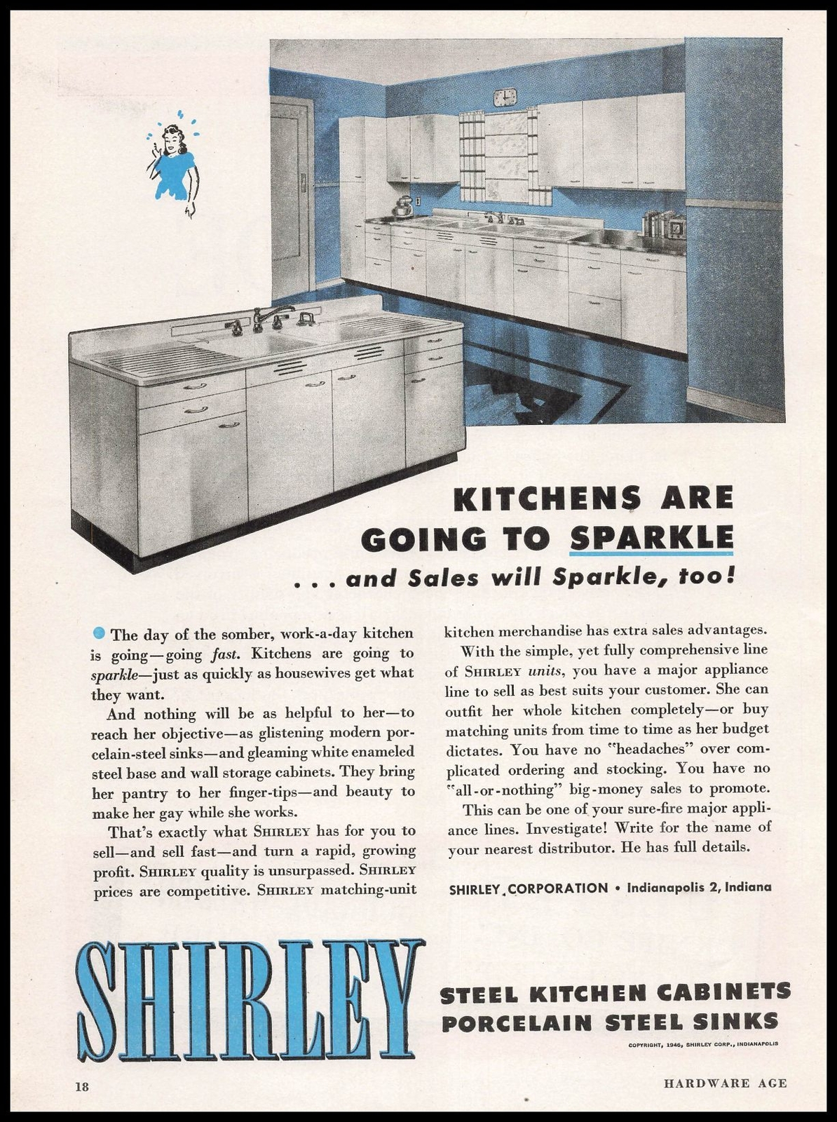 1946 Shirley Indianapolis Steel Cabinet “Kitchens Are Going To Sparkle” Print Ad