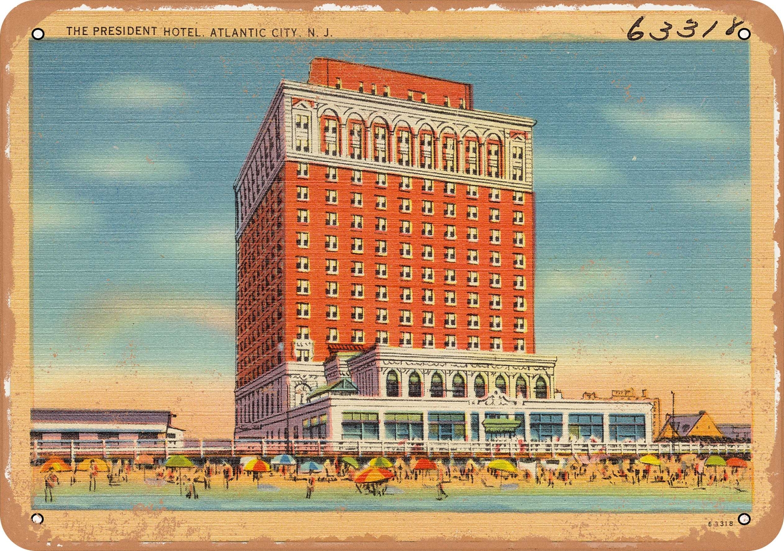 METAL SIGN – New Jersey Postcard – The President Hotel, Atlantic City, N. J.