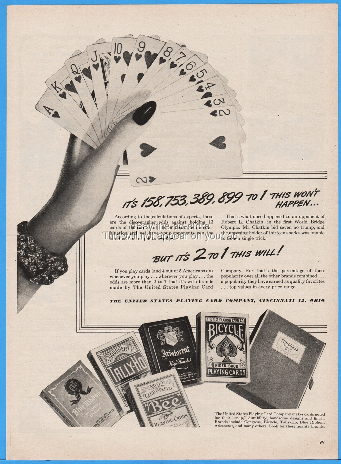1944 United States Playing Card Co Tally-Ho Blue Ribbon Bee Congress Bicycle ad