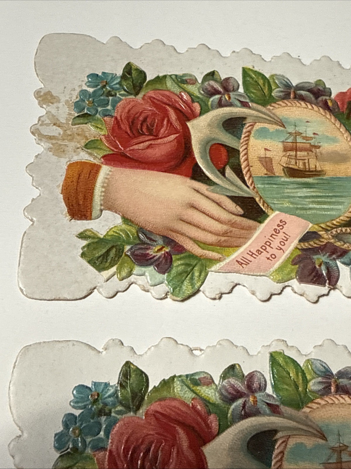 2 EDWIN YOUNG Peekaboo Hand Rose Die cut Victorian Calling Card 1880 Ship Anchor