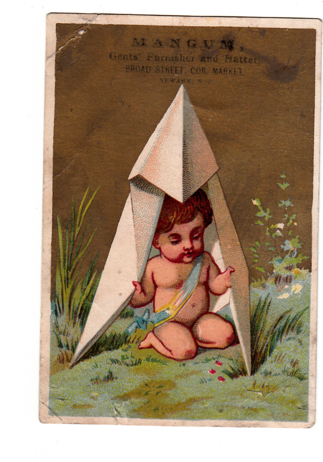 Mangum Men’s Clothing & Hats Newark NJ Naked Baby Tend Sash Vict Card c1880s