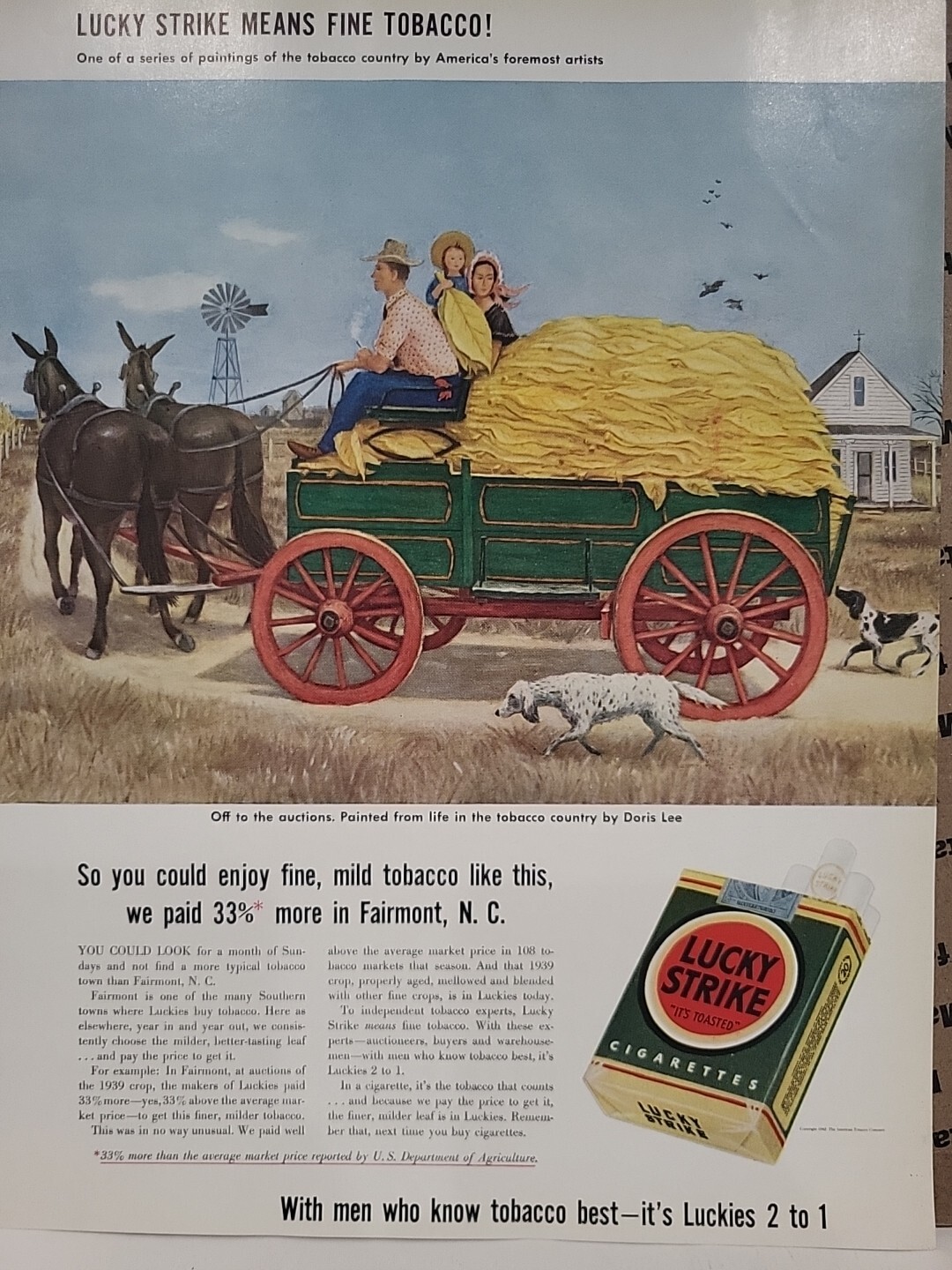 1942 Lucky Strike Cigarettes Fortune WW2 Print Ad Q3 Fairmont, NC Farm Donkeys