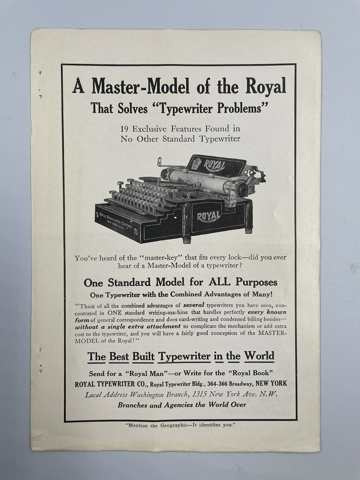 1913 Royal Typewriter Co New York Print Ad – A Master Model of the Royal
