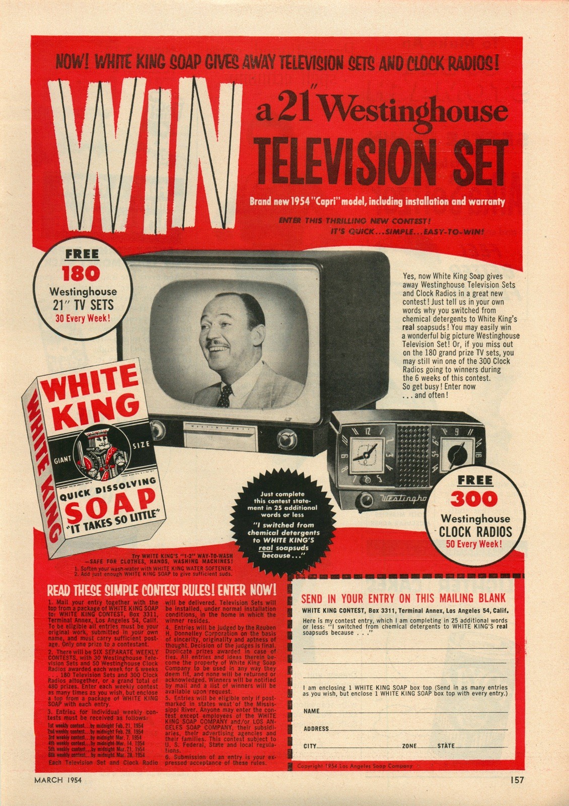 1954 White King Soap Contest, Westinghouse Radio, Television Vintage Print Ad