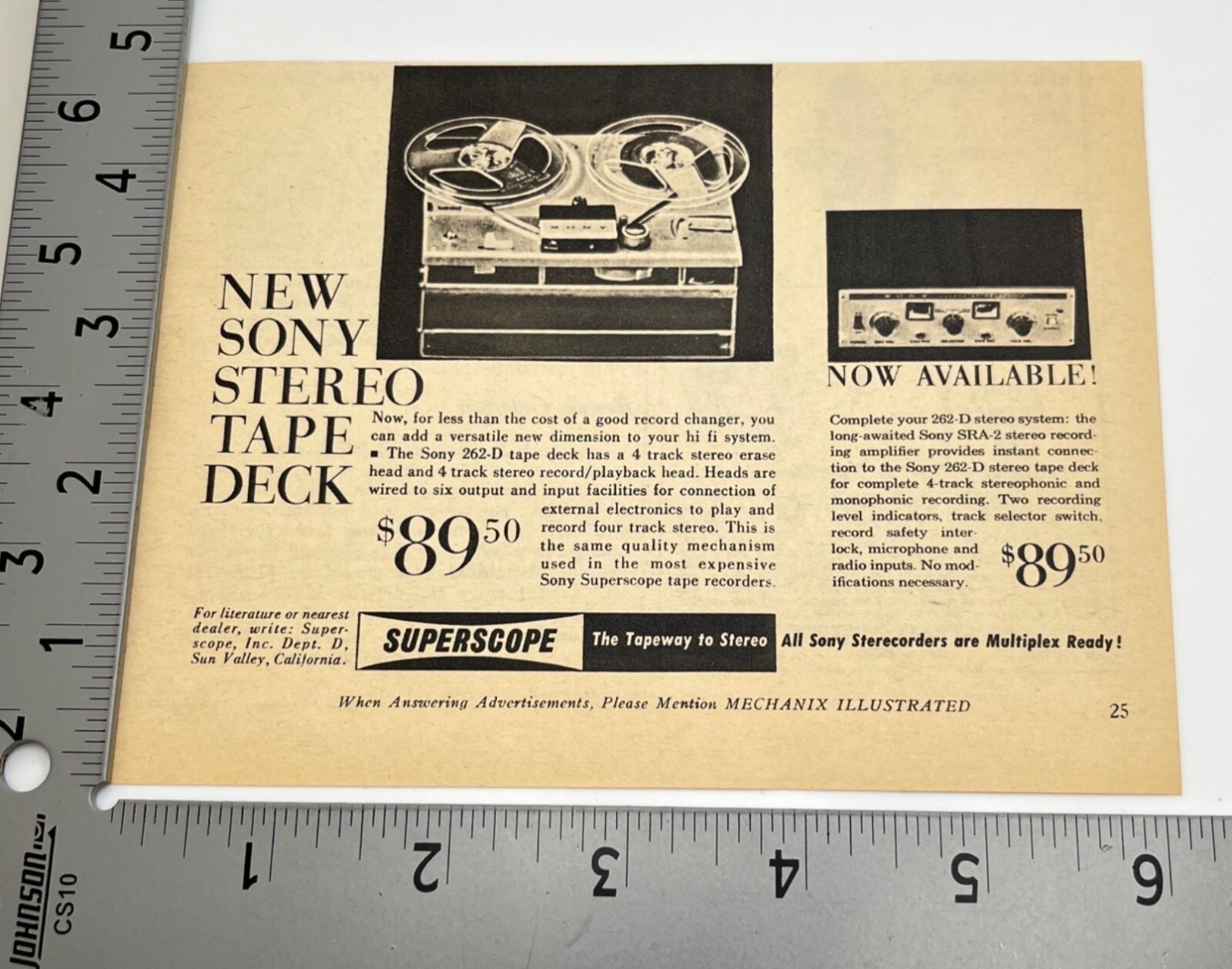 Sony Superscope 262-D Vintage Print Ad 1960s Stereo Tape Deck Amplifier