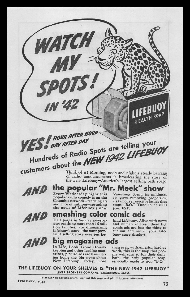 1942 LIfebuoy Health Soap “Watch My Spots” Cartoon Leopard Cat Vintage Print Ad