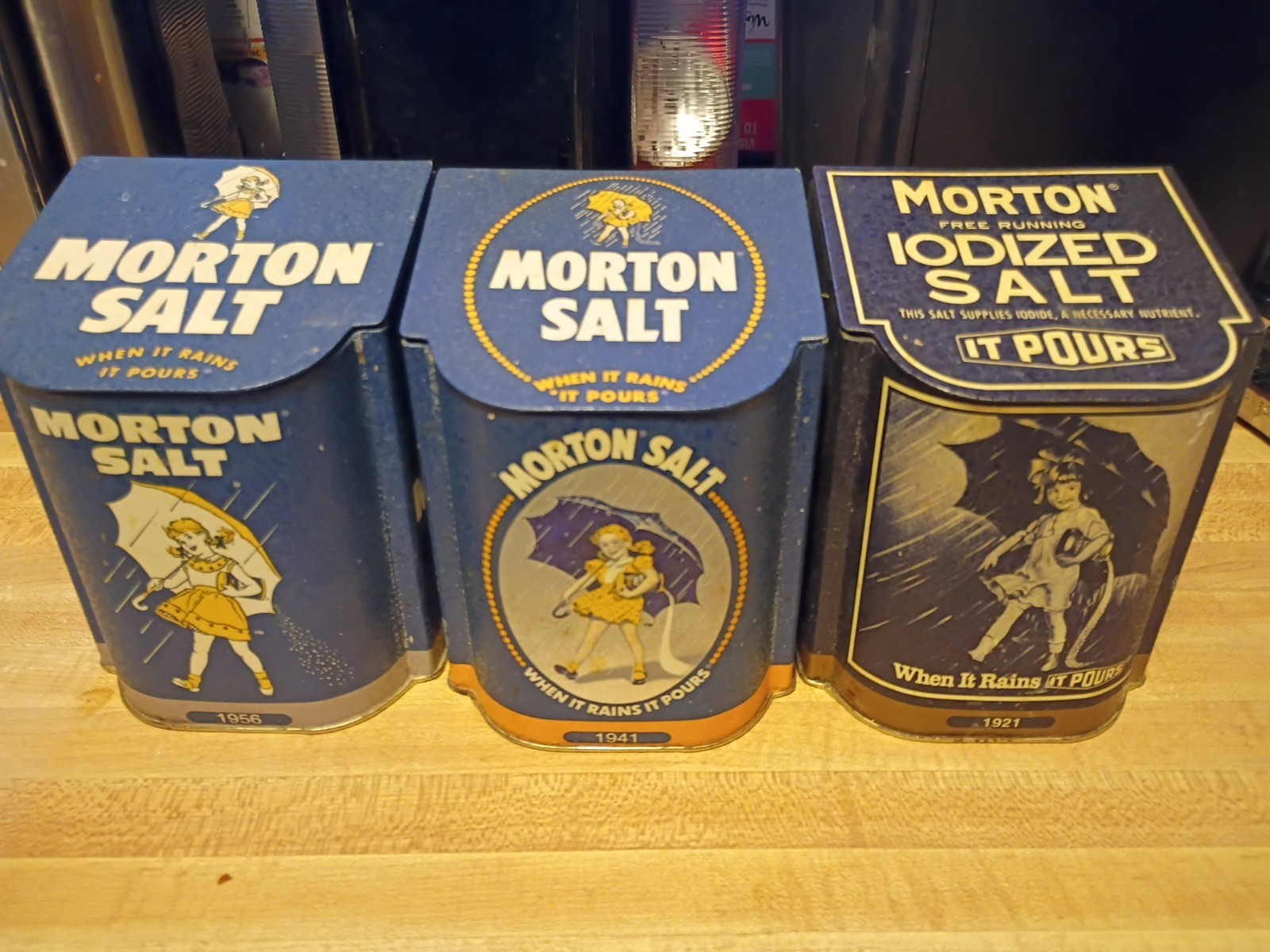 Morton Salt Tin Umbrella Square Slant Top Lot Of 3