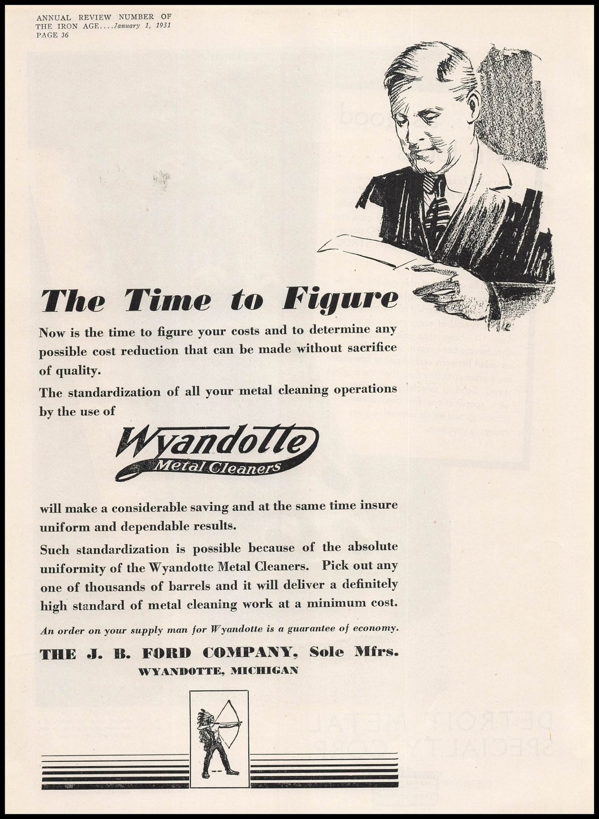 1931 J. B. Ford Co. Wyandotte Michigan Metal Cleaners “Time To Figure” Print Ad