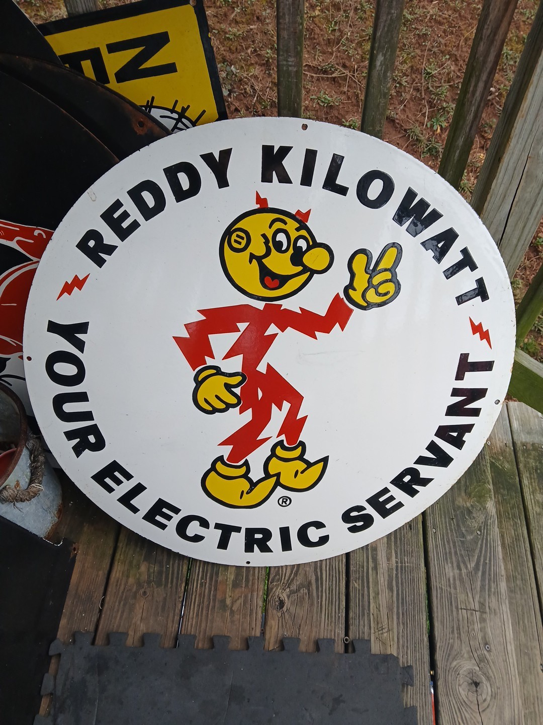LARGE RARE REDDY KILOWATT 30″ HEAVY PORCELAIN METAL ELECTRICITY POWER SIGN GE