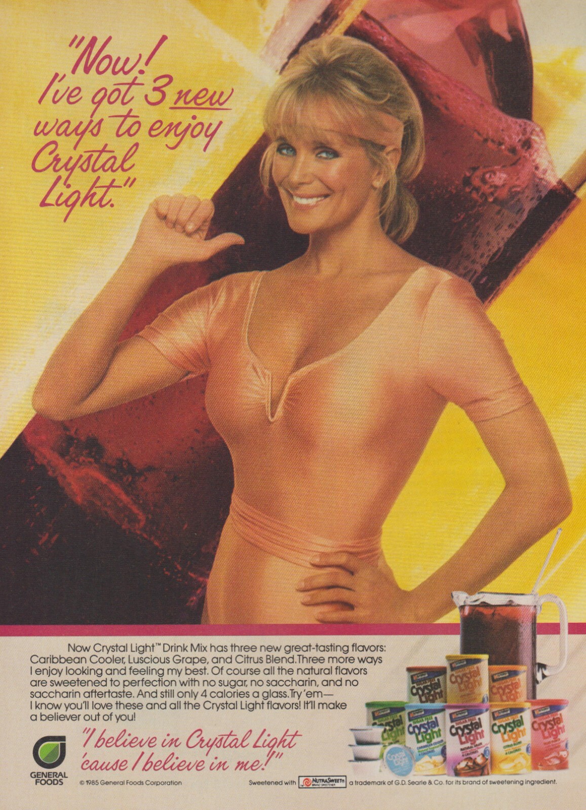 1985 Crystal Light Drink Mix – Actress Linda Evans In Leotard – Print Ad Photo