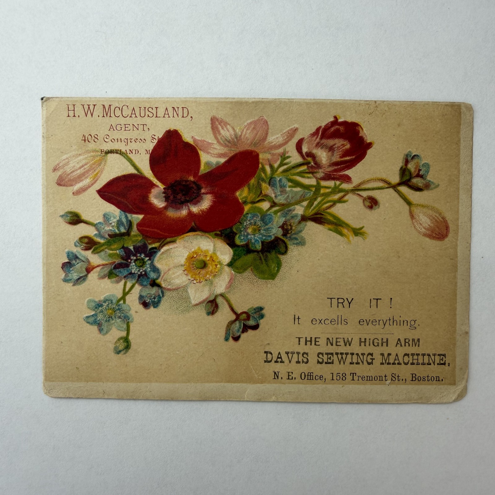 H.W. McCausland Portland Maine Davis Sewing Machine Victorian Trade Card
