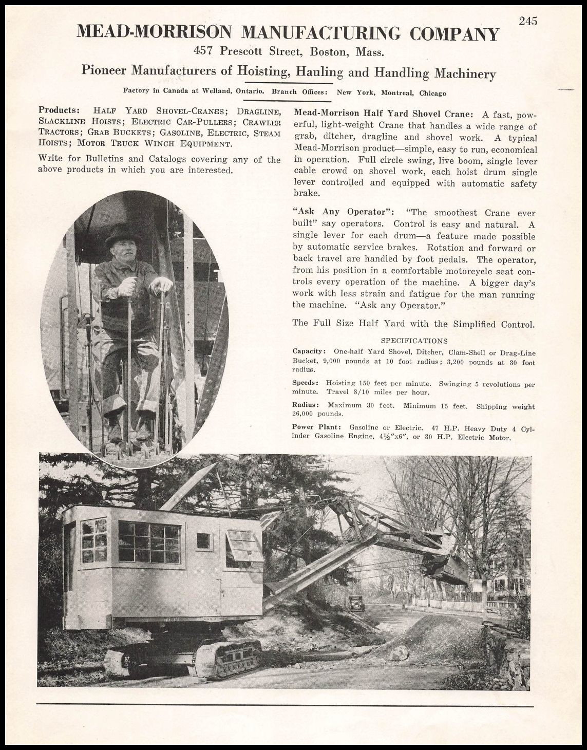 1927 Mead Morrison Mfg Co. Photos Shovel Dragline Crane Worker Vintage Print Ad