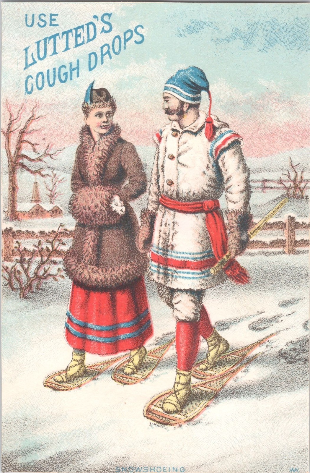 LUTTED’S COUGH DROPS – Antique Victorian Trade Card – Snowshoeing Winter Scene