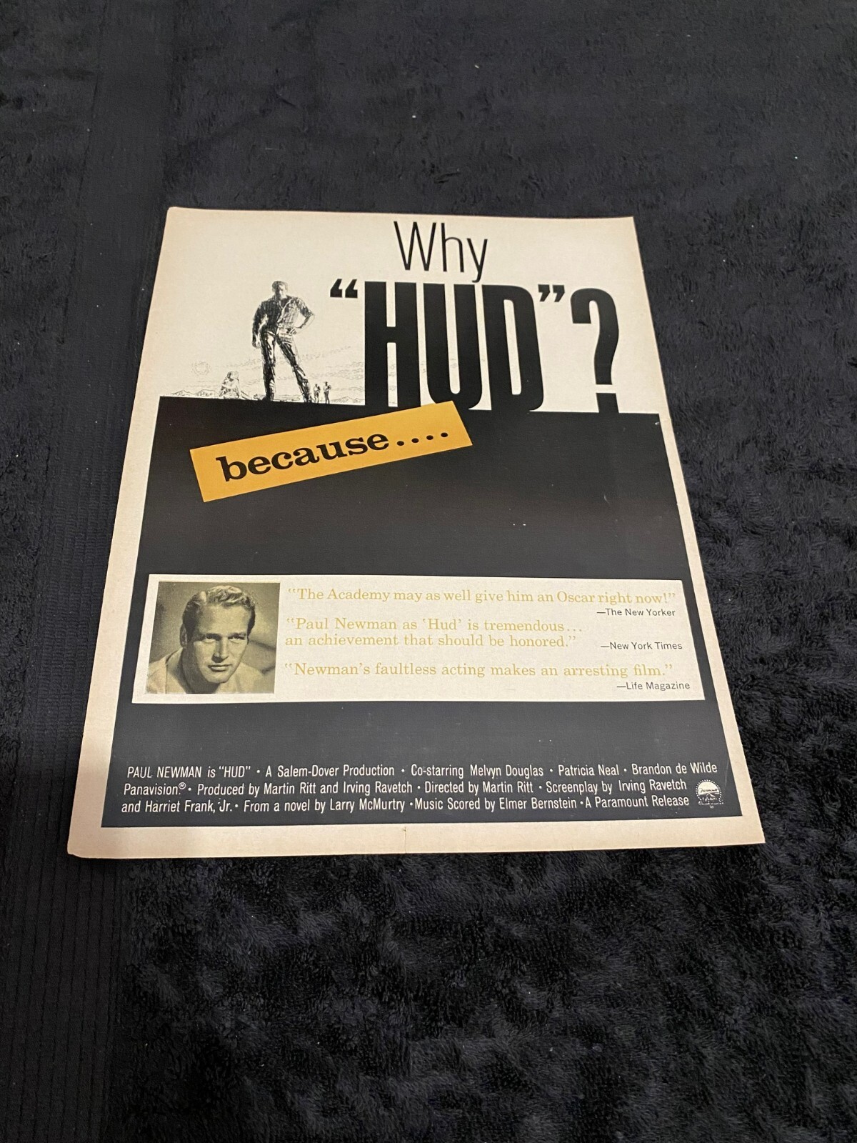 HUD 1963 Oscar ad Paul Newman, Patricia Neal, Elmer Bernstein, Larry McMurtry