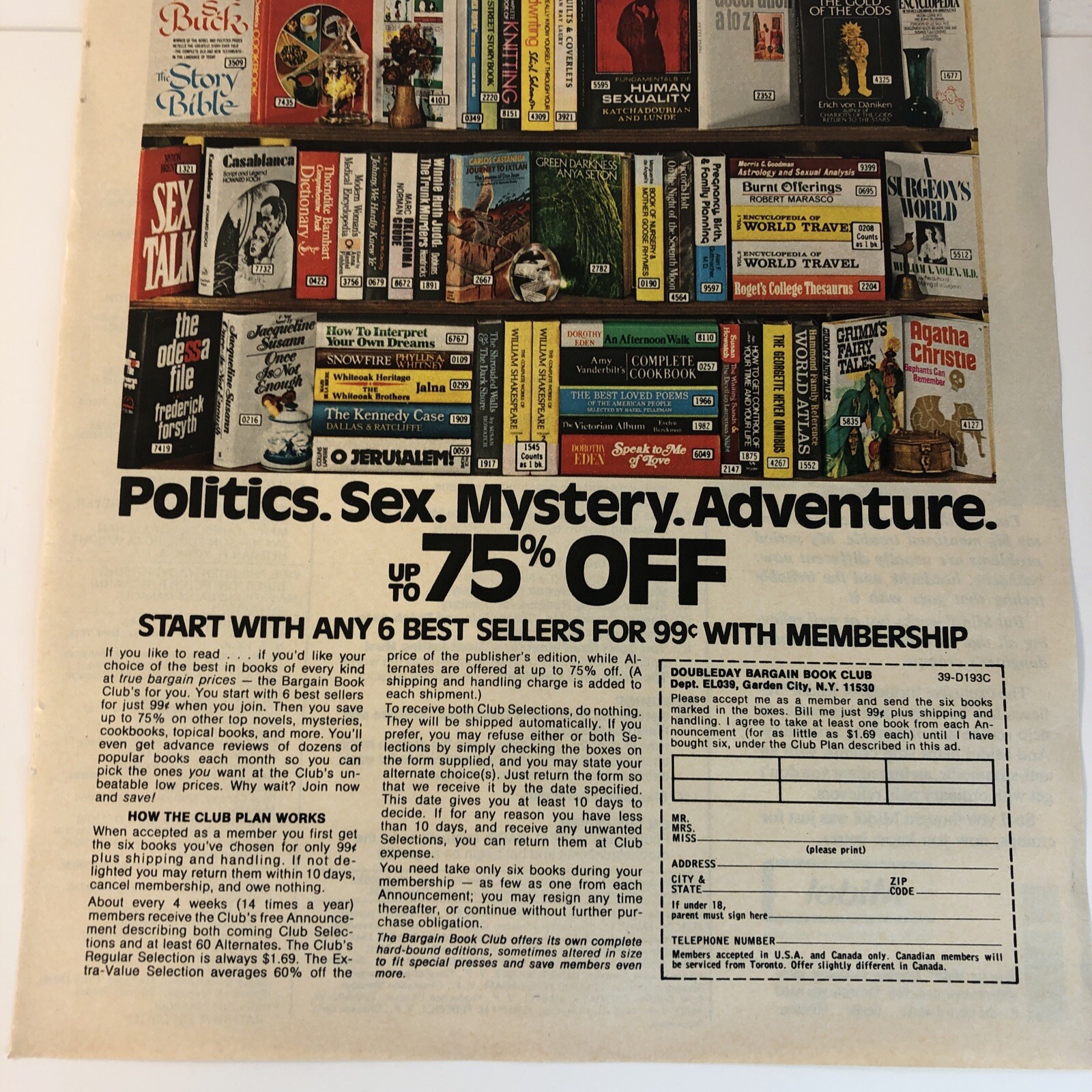PRINT AD 1974 Doubleday Bargain Book Club Politics Sex Mystery Adventure 6/.99