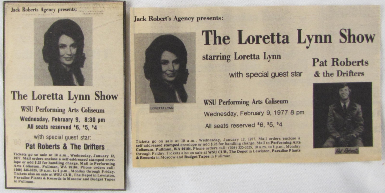 Vintage 1977 LORETTA LYNN Concert Tour Newspaper Print Ads