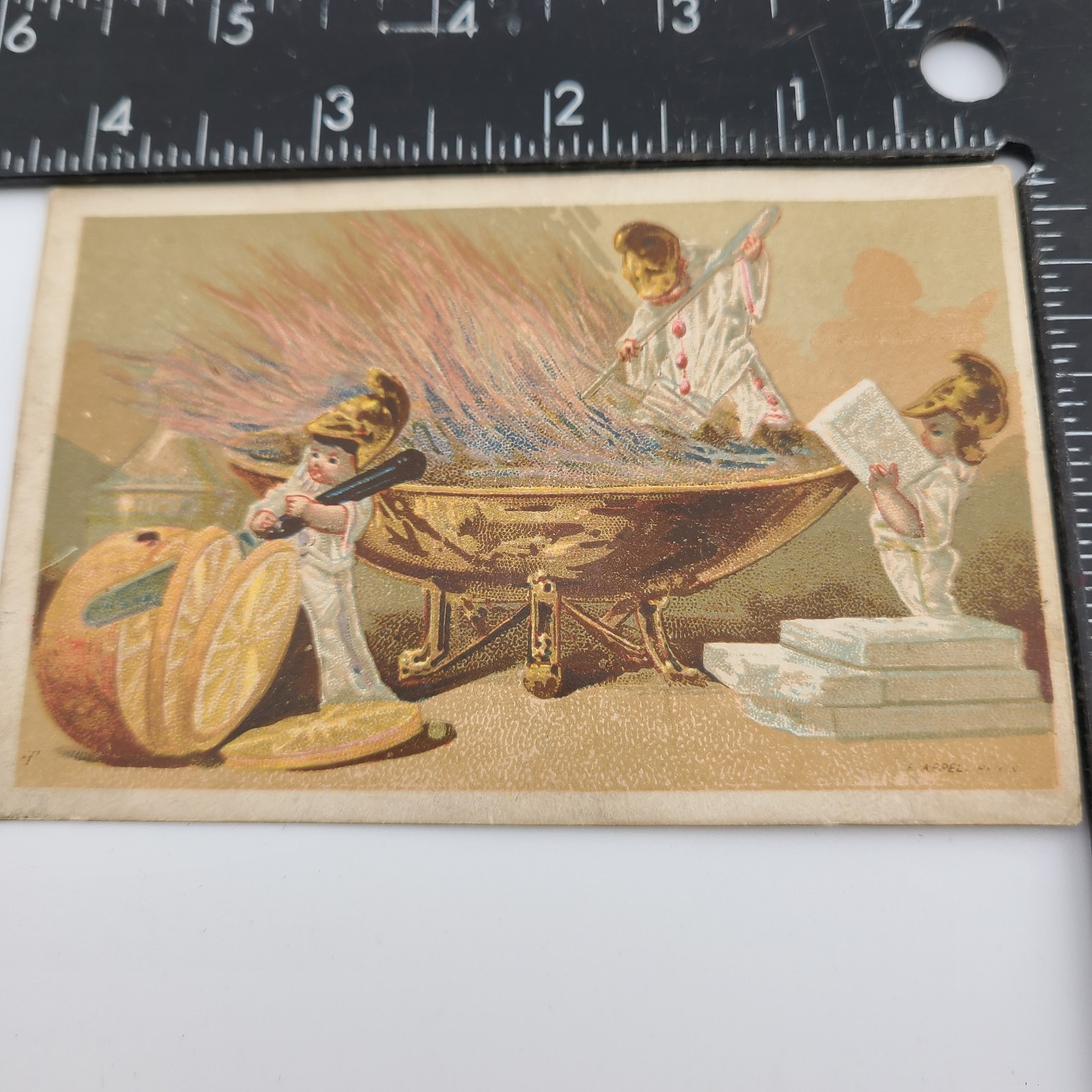 Victorian Trade Miniature Boys in Roman Helmets Antique Condensed Milk Swiss