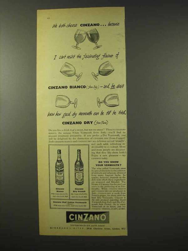 1956 Cinzano Vermouth Ad – We Both Choose