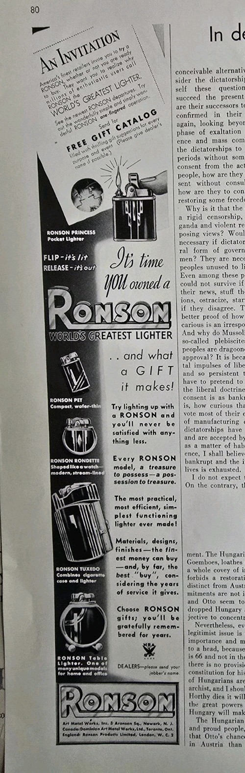 1934 Ronson Pet Rondette Tuxedo Princess Cigarette Lighters Vintage Ad