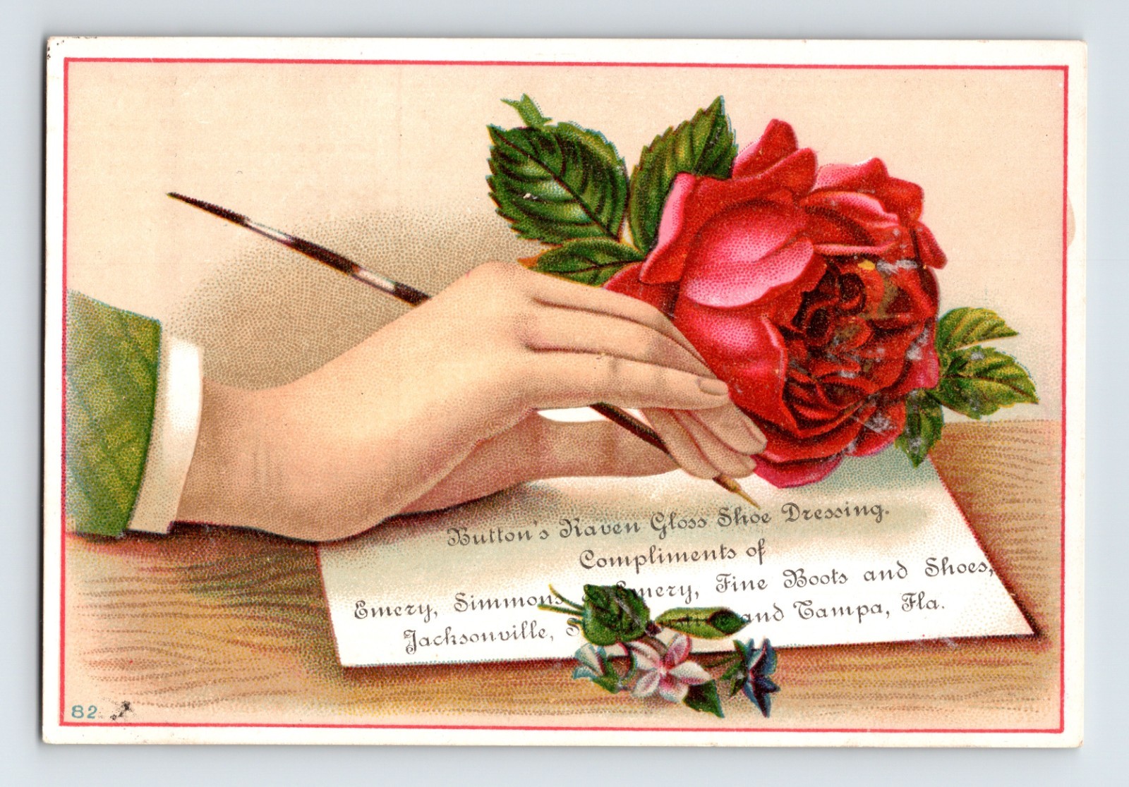 St Augustine Florida Emery Simmons Rose Boots Shoes 1890s Trade Card – 3.5 x 5