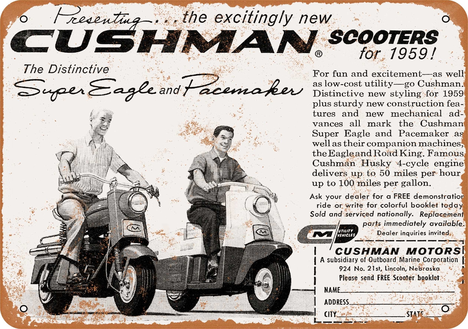 METAL SIGN – 1959 Cushman Scooters – Vintage Look Reproduction