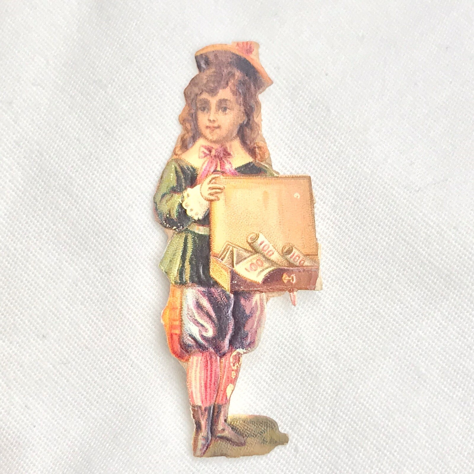 1880’s Fancy Boy with Box of Cash Die Cut Victorian Card Child Money