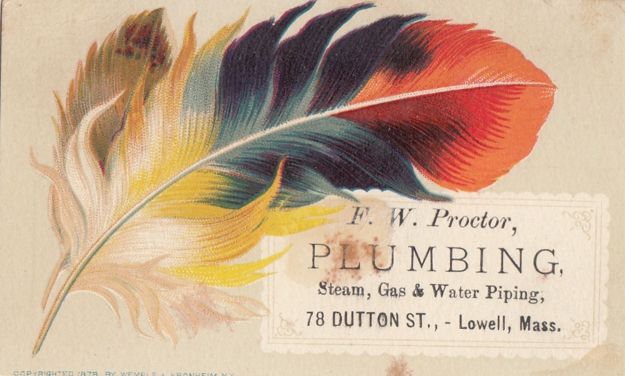 Vintage Ephemera Calling Card F.W Proctor Plumbing MA Red Feather 1878 4 x 2.5