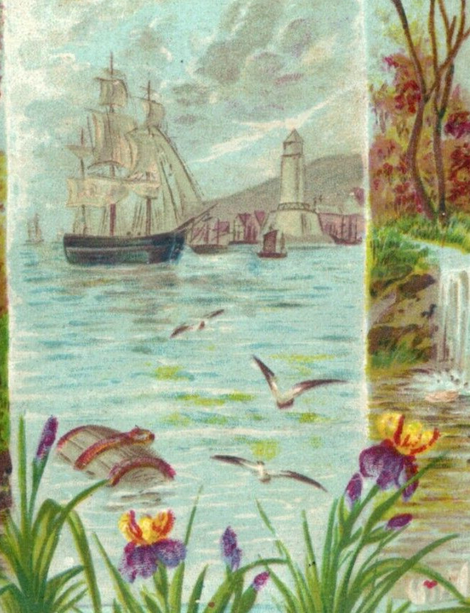 1880s Two Part Victorian Folder Card Schooner Sea Nautical Lighthouse F148