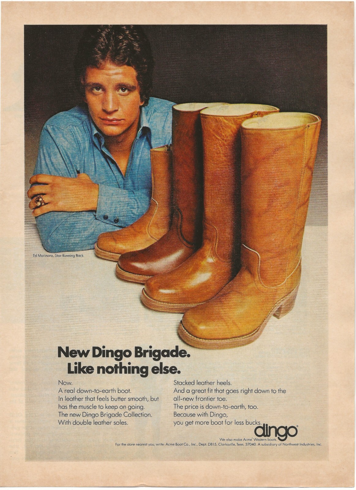 Vintage Print Ad Dingo Brigade Boots – Ed Marinaro – Playboy Oct 1975 11″x8″