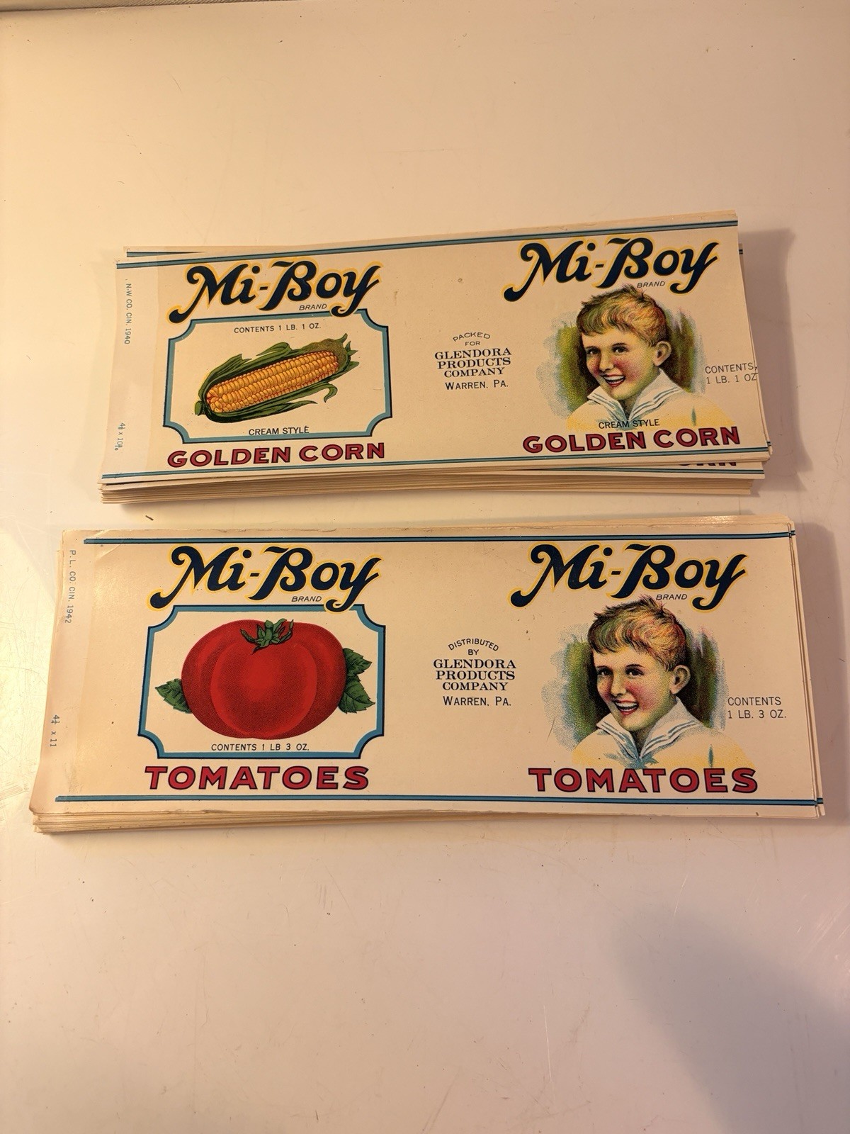 Vintage Mi-Boy Can Labels Lot Tomato Golden Corn Glendora Warren PA NOS 1930s