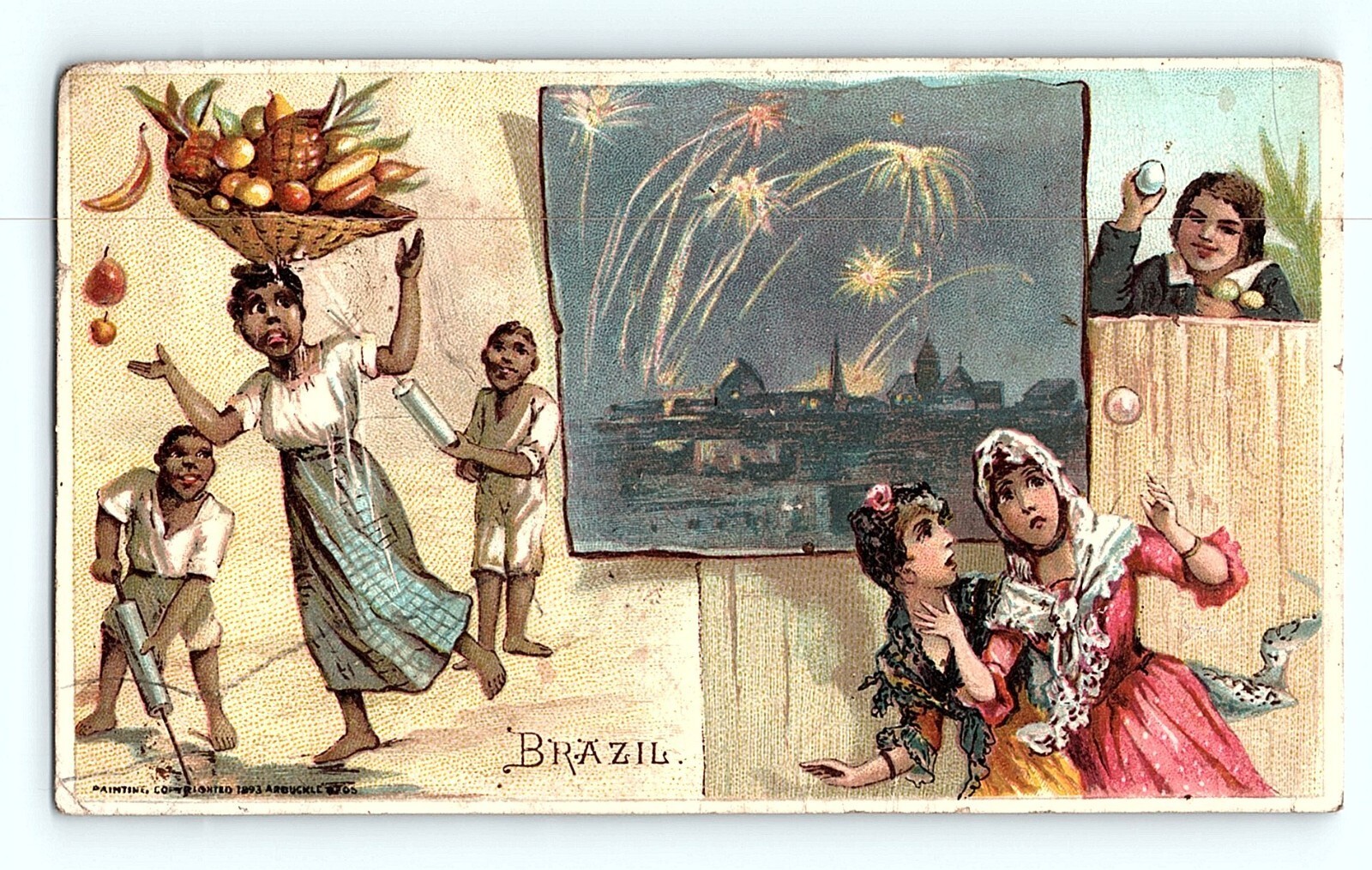 Victorian Trade Card 1891 Arbuckle Ariosa Coffee Company Brazil Lady Fruit Head