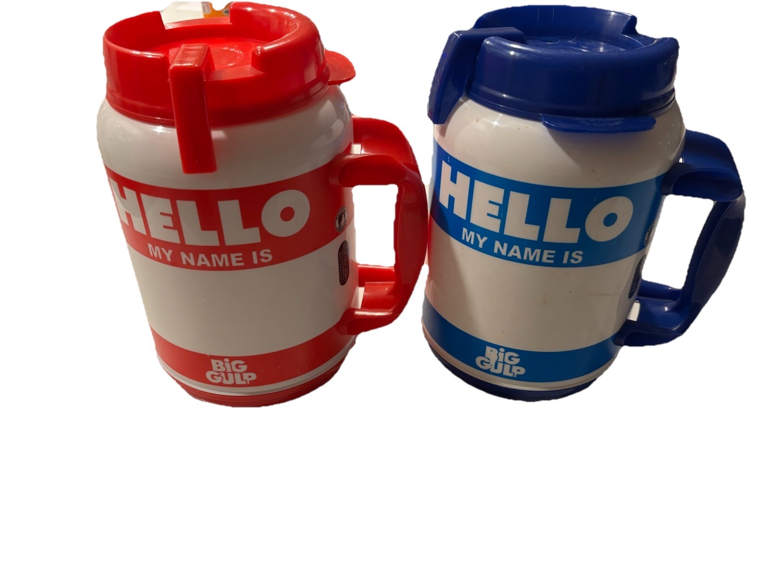 2 BIG GULP 7 Eleven 52 oz HELLO MY NAME IS Insulated Travel Mugs 7-11 Red & Blue