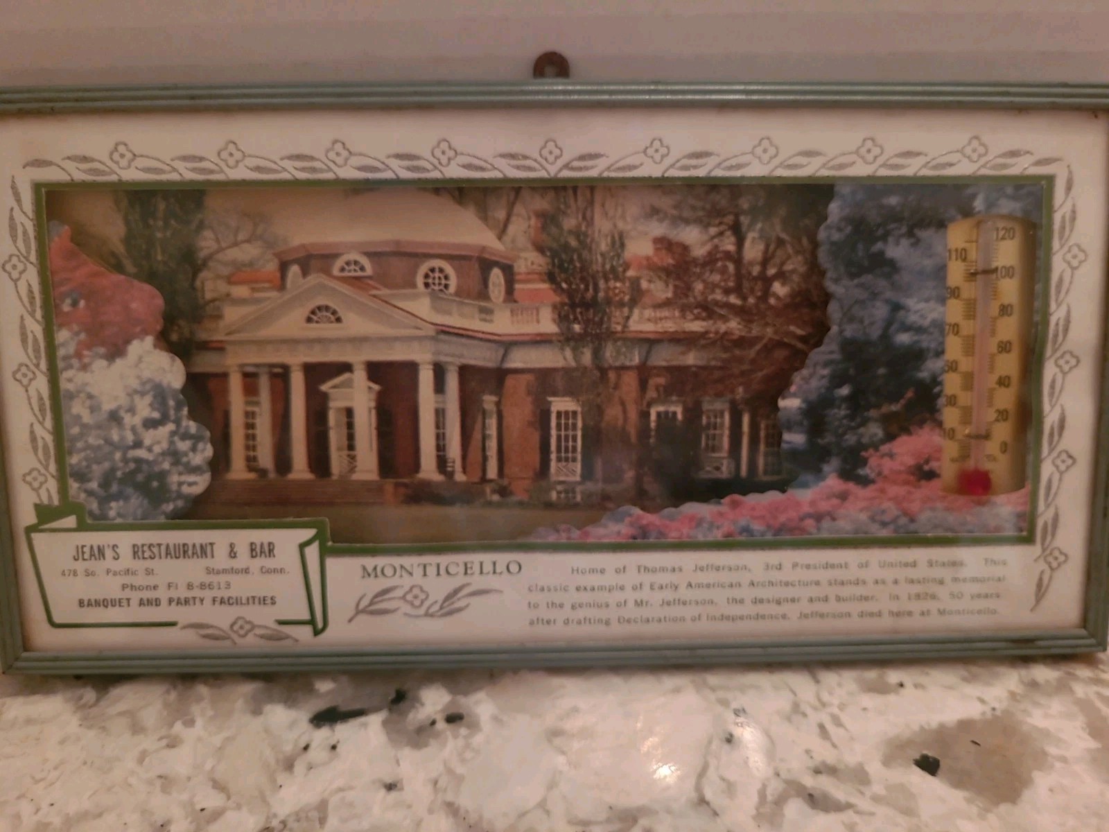 Vintage Grey Furniture Co. Monticello Framed Advertising Thermometer Jefferson