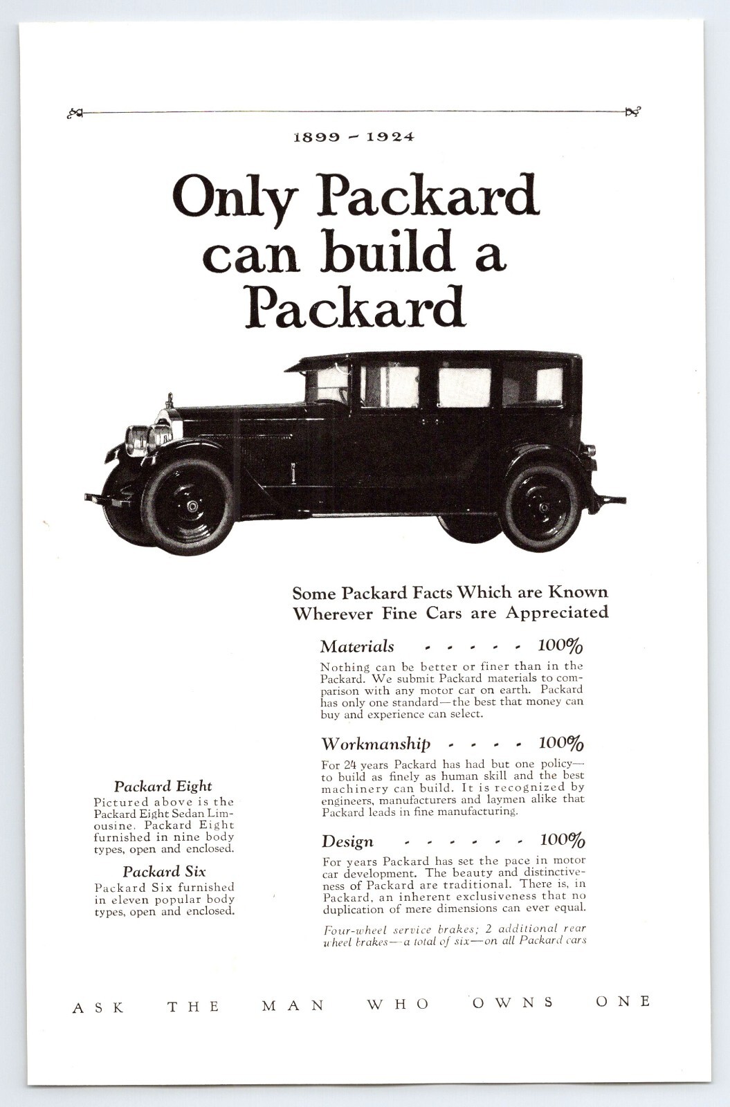 1924 NEW PACKARD EIGHT CAR VTG 6.5″ X 10″ Magazine Ad 1920’s M444