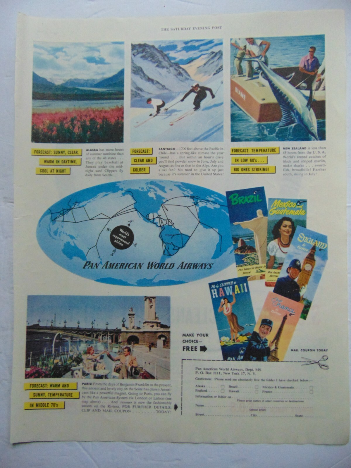1949 Pan American Airways Fly The World To Vacation vintage art print ad