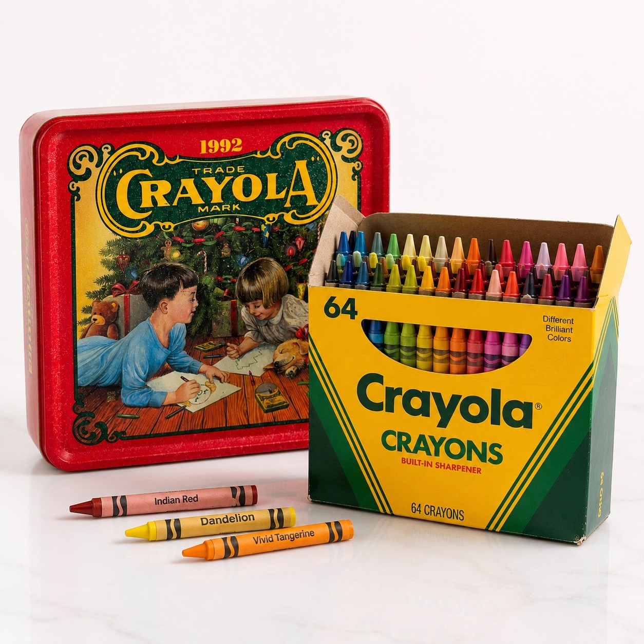 Vtg 92 Crayola Christmas Xmas Tin Gift Indian Red Ornament 64 Crayons Complete