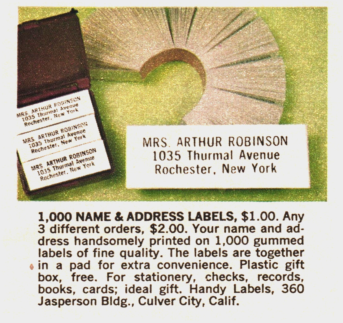 Handy Labels Culver City CA Gummed Name & Address Labels 1960s Print Ad 436