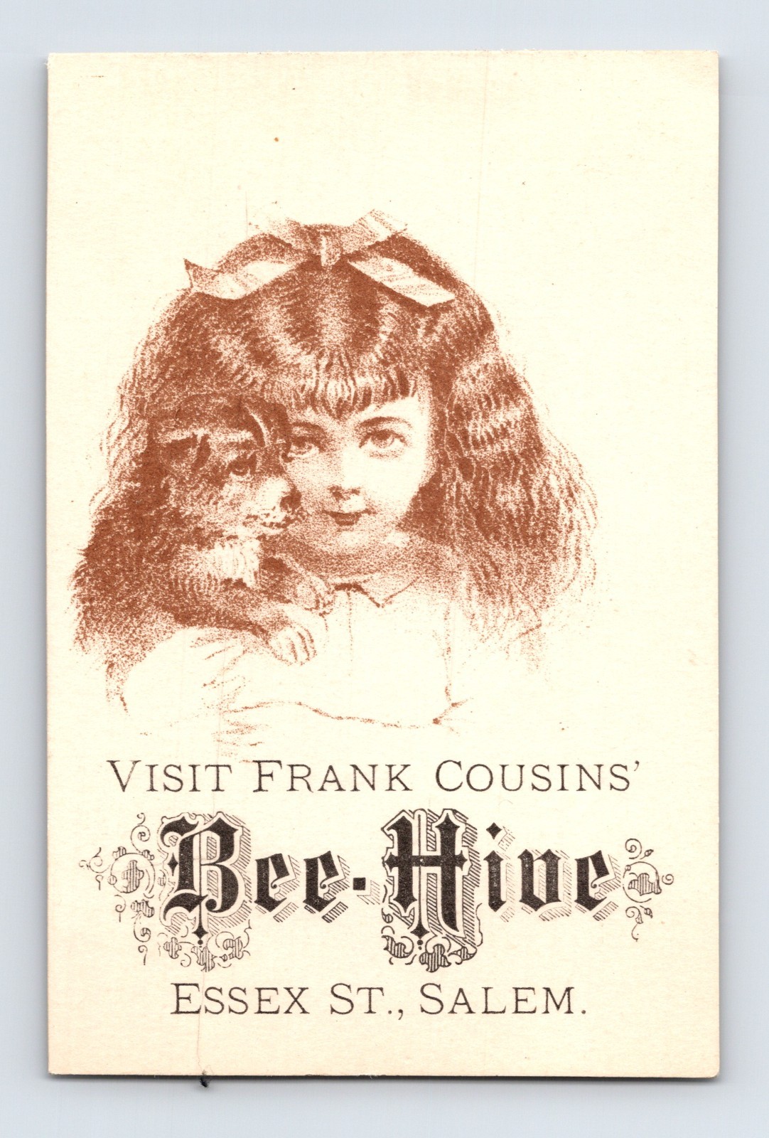 Salem MA Bee Hive Frank Cousins 1890s Trade Card Cute Girl Dog 4 x 2.5