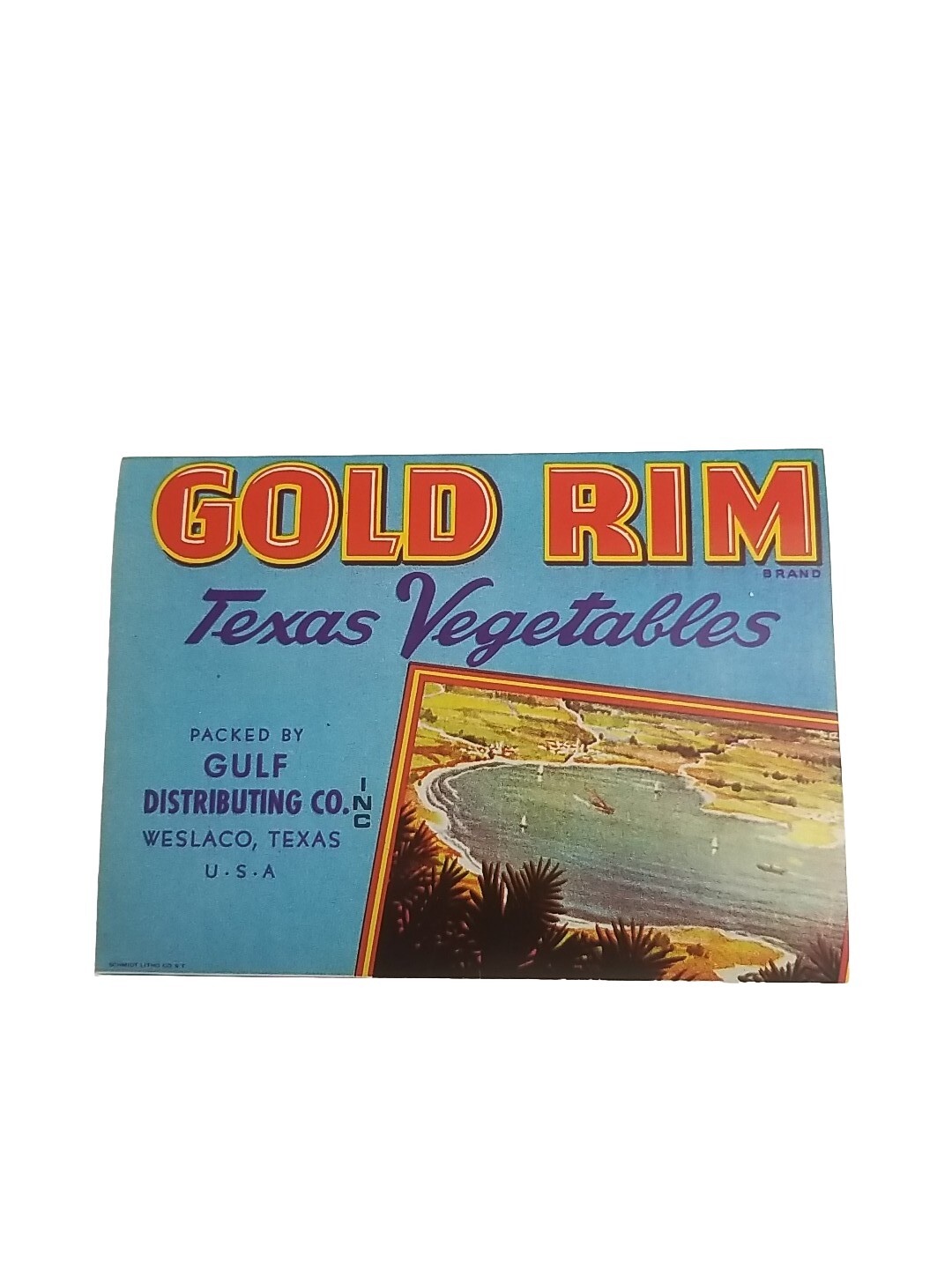 GOLD RIM TEXAS VEGETABLES CRATE LABEL Gulf Distributing Co. Weslaco Vintage