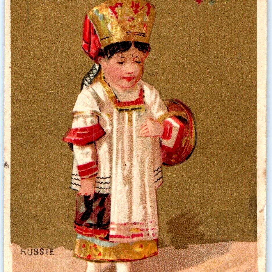 c1880s Antique Trade Card Traditional Russian Fashion Girl Russia Coat of Arms