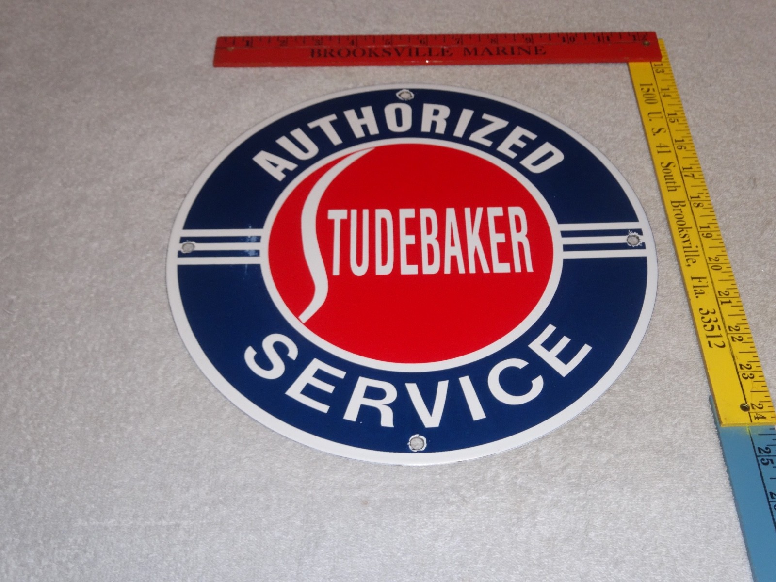 VINTAGE “STUDEBAKER AUTHORIZED SERVICE” 11 3/4″ PORCELAIN CAR TRUCK GAS OIL SIGN