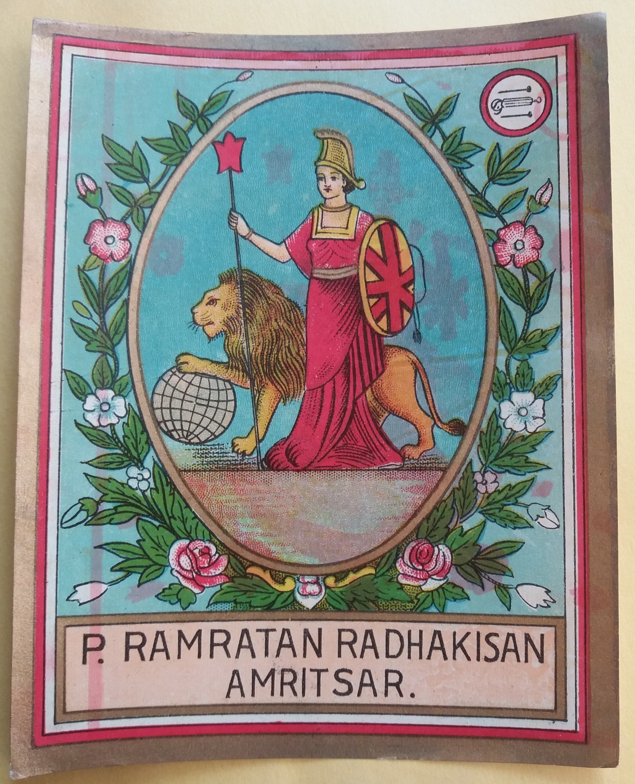 INDIA VINTAGE TRADE LABEL P. RAMRATAN RADHA KISAN AMRITSAR 3.75X4.75 INCH # 5